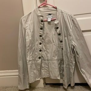 Tan jacket with button hooks